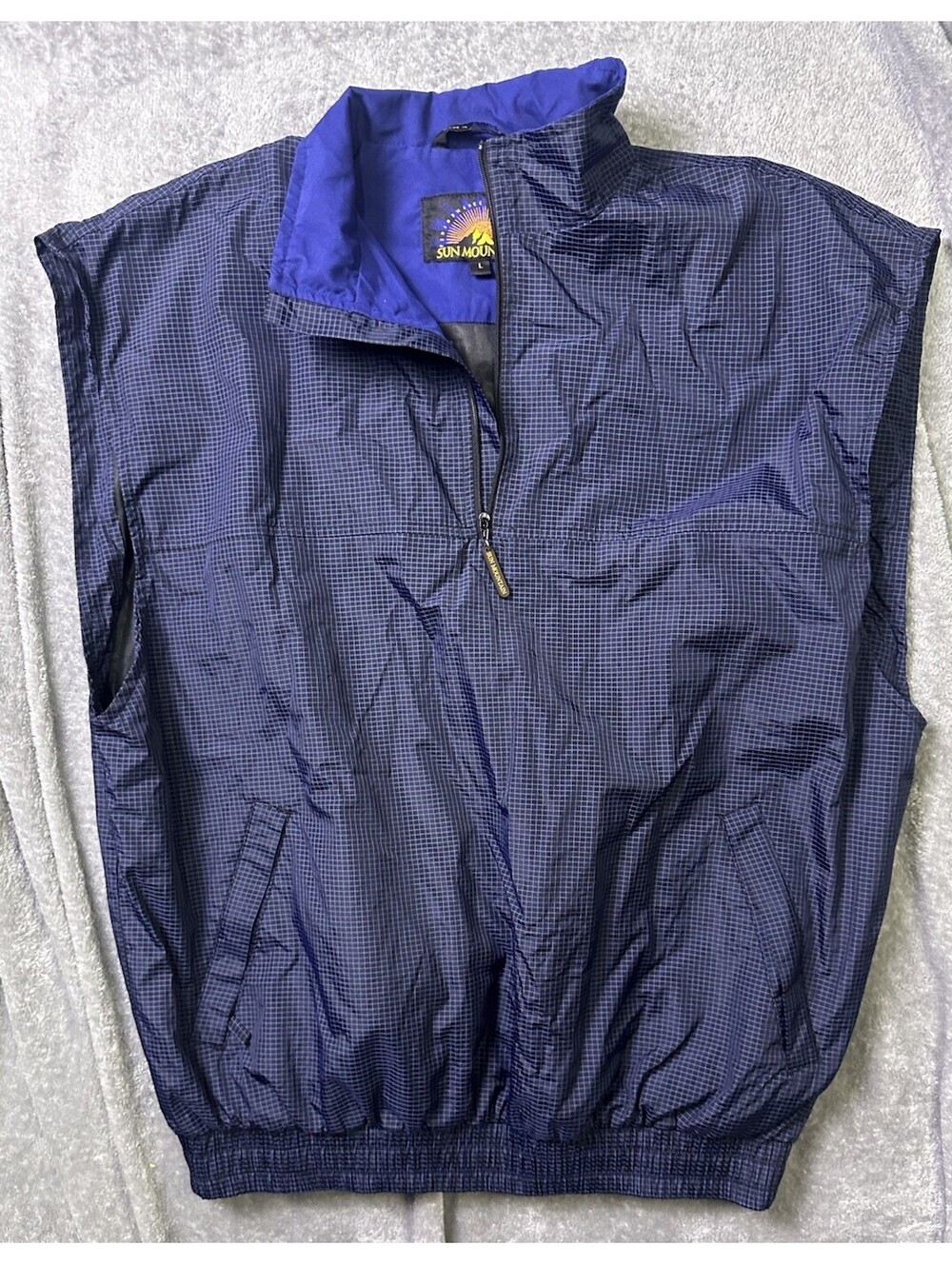 Vintage 90s Sun Mountain Golf Windbreaker Vest L Blue Grid Pullover 1/2 Zip